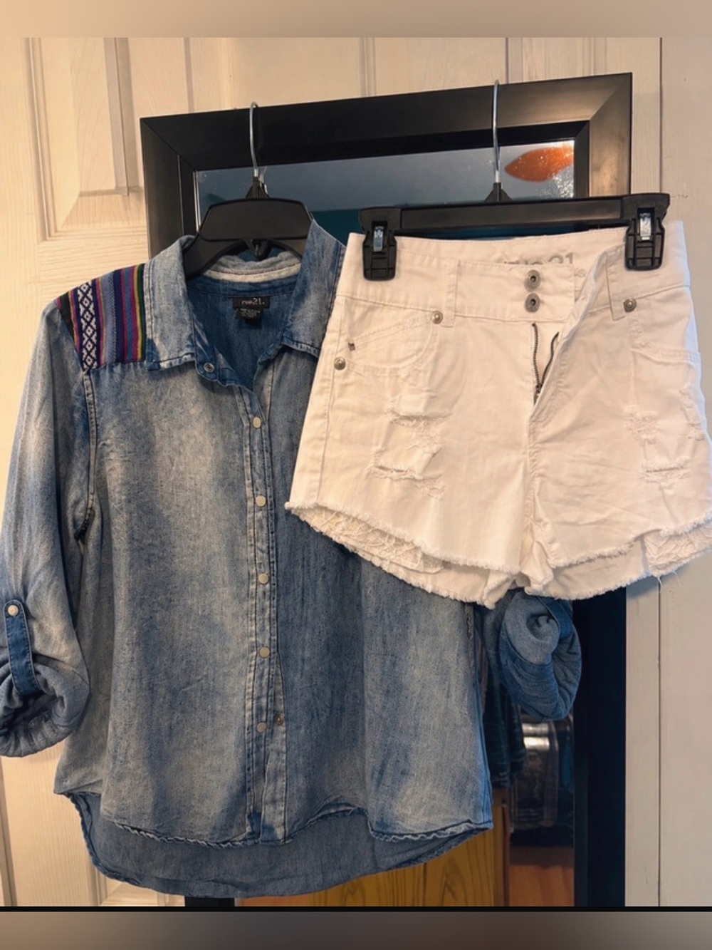 Denim Western Button-Up & White Distressed Shorts Outfit